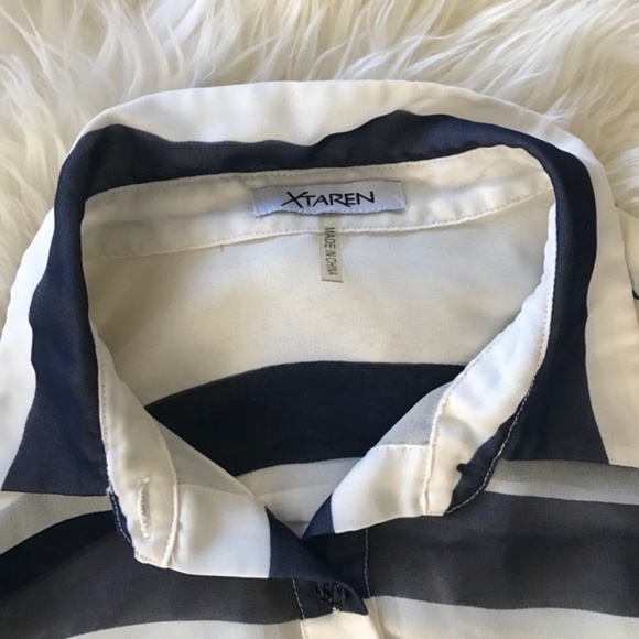 Sheer White & Navy Stripe Button Up w/ Tie - Picture 2 of 5